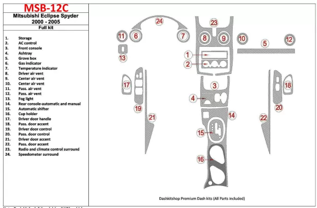 Mitsubishi Spyder 2000-2005 Full Set, 24 Parts set Interior BD Dash Trim Kit - 1