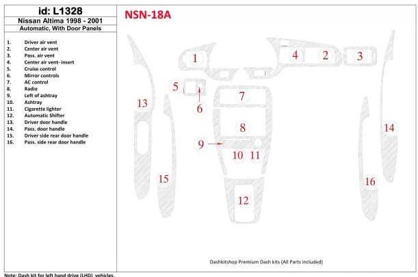 Boîte de vitesses automatique Nissan Altima 1998-2001, avec panneaux de porte, kit de garniture de tableau de bord intérieur BD 