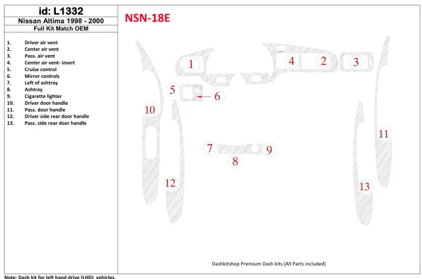 Nissan Altima 1998-2001 Ensemble complet, conformité OEM, ensemble de 13 pièces Kit de garniture de tableau de bord intérieur BD Nissan Altima 1998-2001 Ensemble complet, conformité OEM, ensemble de 13 pièces Kit de garniture de tableau de bord intérieur BD