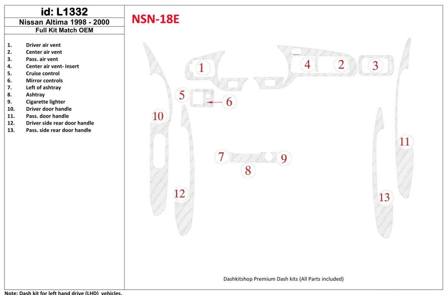 Nissan Altima 1998-2001 Ensemble complet, conformité OEM, ensemble de 13 pièces Kit de garniture de tableau de bord intérieur BD