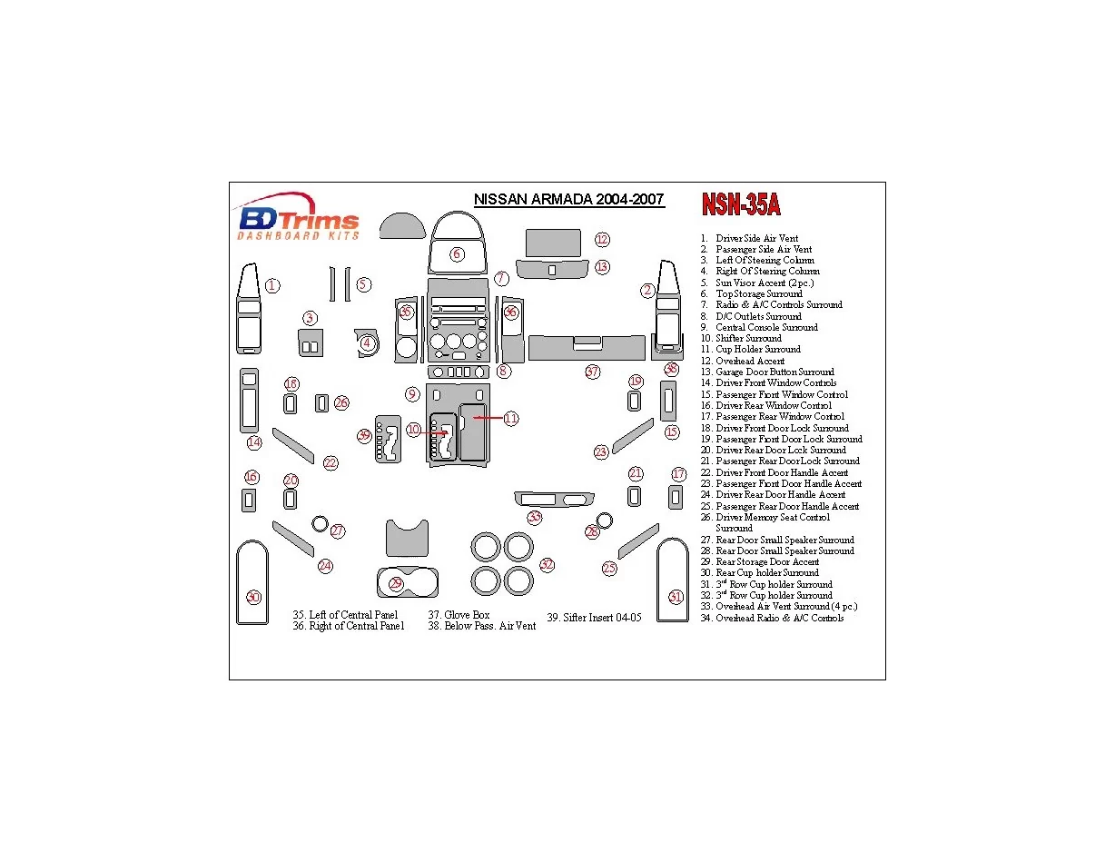 Nissan Armada 2004-2007 Ensemble complet de garnitures de tableau de bord intérieur BD - 1