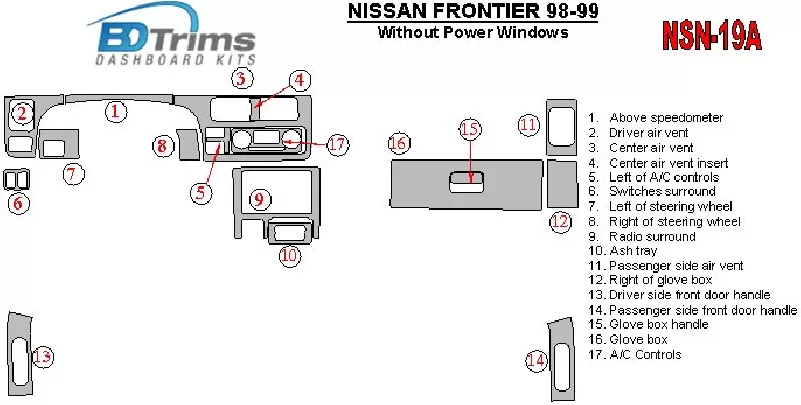 Nissan Frontier 1998-1999 Without Power Windows Interior BD Dash Trim Kit - 1 - Interior Dash Trim Kit Nissan Frontier 1998-1999 Without Power Windows Interior BD Dash Trim Kit - 1 - Interior Dash Trim Kit