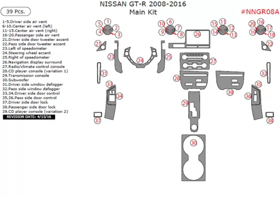 Nissan GT-R 2008-2016 main interior dash trim kit, 39 Pcs - 1 - Interior Dash Trim Kit Nissan GT-R 2008-2016 main interior dash trim kit, 39 Pcs - 1 - Interior Dash Trim Kit