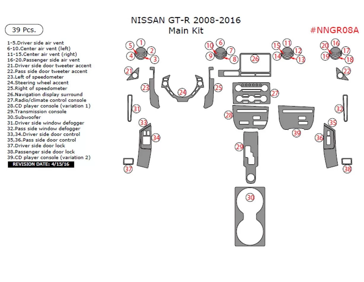Kit de garniture de tableau de bord intérieur principal Nissan GT-R 2008-2016, 39 pièces - 1