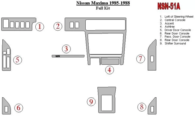 Nissan Maxima 1985-1988 Ensemble complet de garnitures de tableau de bord intérieur BD - 1 Nissan Maxima 1985-1988 Ensemble complet de garnitures de tableau de bord intérieur BD - 1