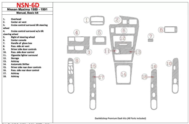 Nissan Maxima 1989-1991 Ensemble de base, boîte de vitesses manuelle, ensemble de 18 pièces Intérieur BD Dash Trim Kit - 1