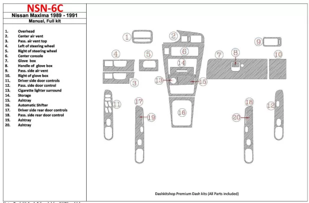 Nissan Maxima 1989-1991 Ensemble complet, boîte de vitesses manuelle, ensemble de 20 pièces Kit de garniture de tableau de bord 