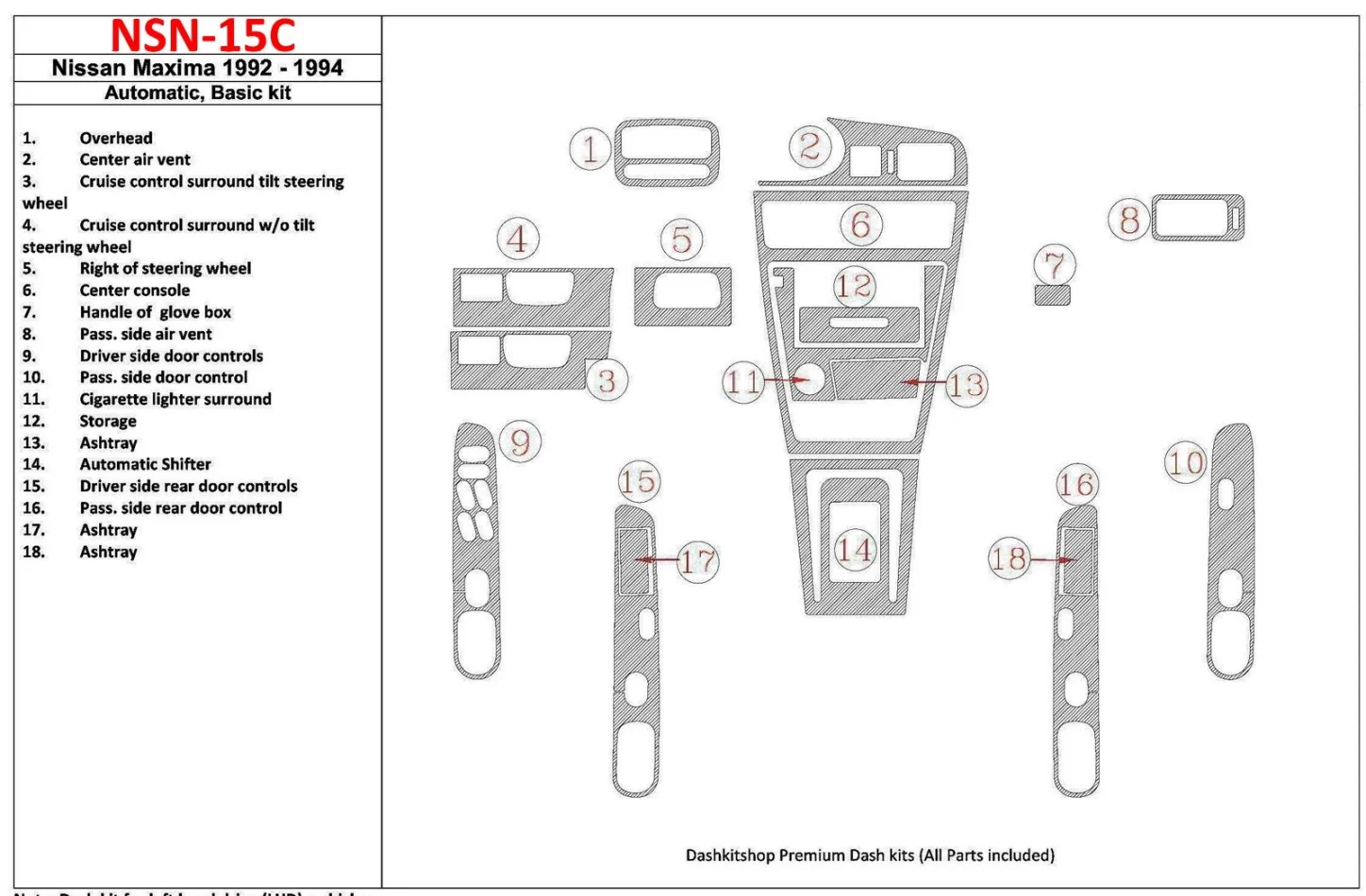 Boîte de vitesses automatique Nissan Maxima 1992-1994, ensemble de base, ensemble de 18 pièces Kit de garniture de tableau de bo