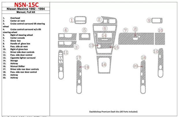 Boîte de vitesses manuelle Nissan Maxima 1992-1994, ensemble complet, ensemble de 20 pièces Kit de garniture de tableau de bord Boîte de vitesses manuelle Nissan Maxima 1992-1994, ensemble complet, ensemble de 20 pièces Kit de garniture de tableau de bord
