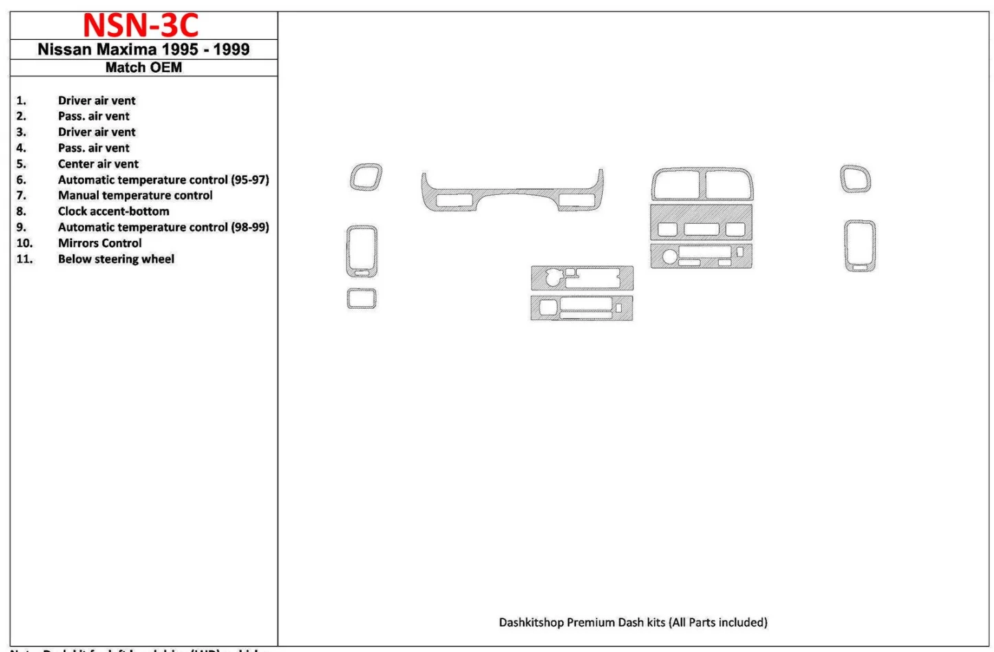 Nissan Maxima 1995-1999 OEM Compliance, 12 Parts set Interior BD Dash Trim Kit - 1 - Interior Dash Trim Kit