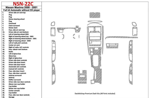 Nissan Maxima 2000-2001 Full Set, Automatic Gearbox, Radio Without CD Player, 40 Parts set Interior BD Dash Trim Kit - 1 - Inter Nissan Maxima 2000-2001 Full Set, Automatic Gearbox, Radio Without CD Player, 40 Parts set Interior BD Dash Trim Kit - 1 - Inter