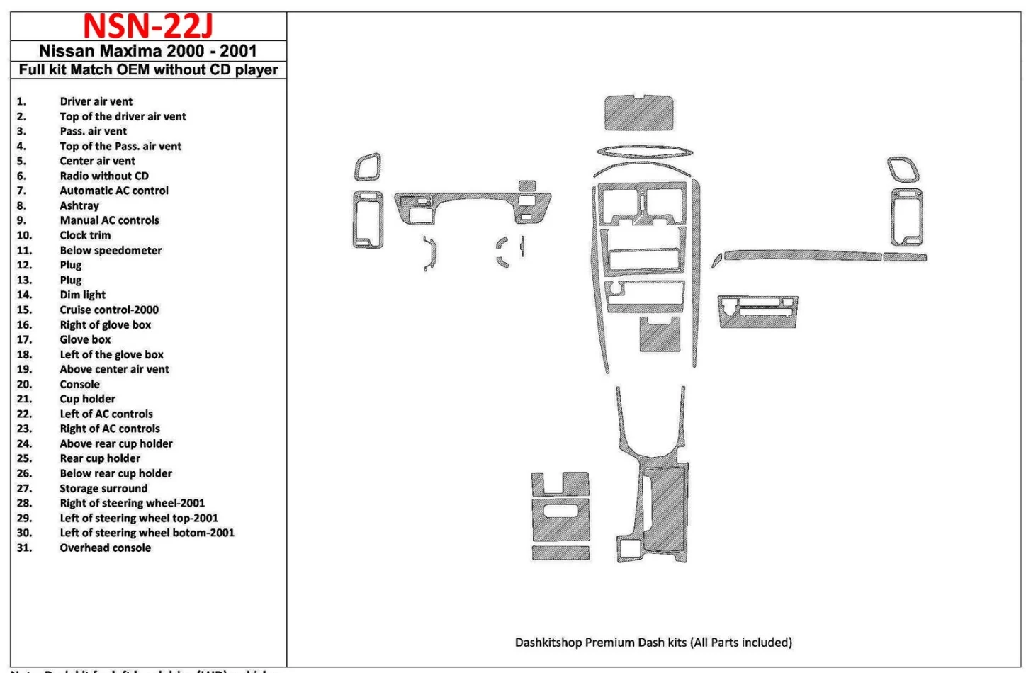 Ensemble complet Nissan Maxima 2000-2001, boîte de vitesses automatique, radio sans lecteur CD, conformité OEM, ensemble de 30 p