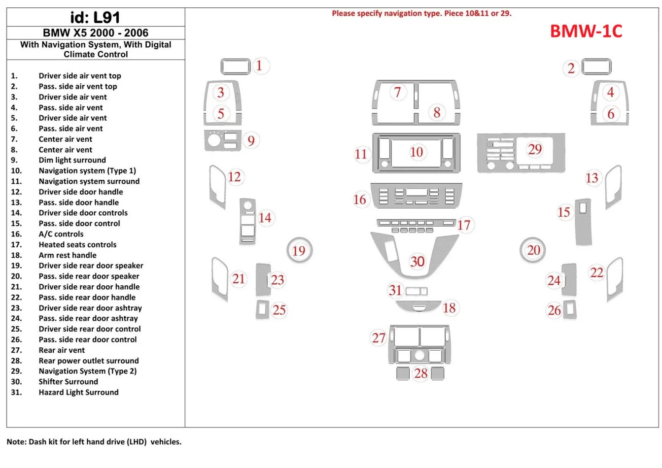 BMW X5 2000-2006 With NAVI system Interior BD Dash Trim Kit - 1 - Interior Dash Trim Kit