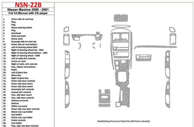 Nissan Maxima 2000-2001 Ensemble complet, boîte de vitesses manuelle, radio avec lecteur CD, ensemble de 39 pièces Kit de garnit Nissan Maxima 2000-2001 Ensemble complet, boîte de vitesses manuelle, radio avec lecteur CD, ensemble de 39 pièces Kit de garnit