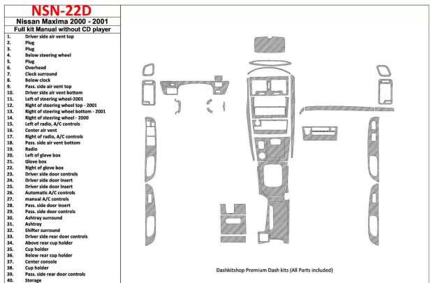 Ensemble complet Nissan Maxima 2000-2001, boîte de vitesses manuelle, radio sans lecteur CD, ensemble de 40 pièces Kit de garnit Ensemble complet Nissan Maxima 2000-2001, boîte de vitesses manuelle, radio sans lecteur CD, ensemble de 40 pièces Kit de garnit