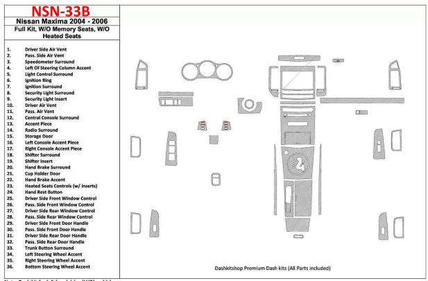 Nissan Maxima 2004-2006 Ensemble complet, vitesse automatique, sans sièges à mémoire, sans sièges chauffants intérieur BD Dash T