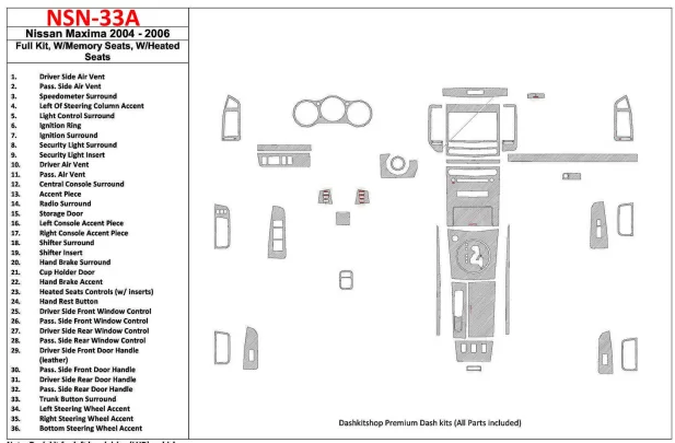 Nissan Maxima 2004-2006 Ensemble complet, vitesse automatique, avec sièges à mémoire, avec sièges chauffants intérieur BD Dash T