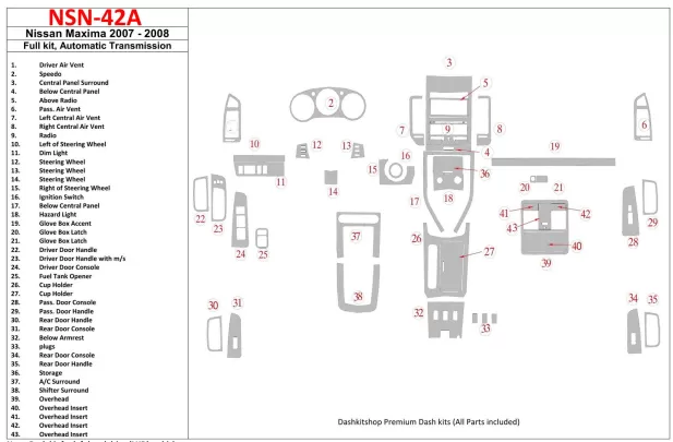 Nissan Maxima 2007-2008 Full Set, Automatic Gear Interior BD Dash Trim Kit - 1 Nissan Maxima 2007-2008 Full Set, Automatic Gear Interior BD Dash Trim Kit - 1