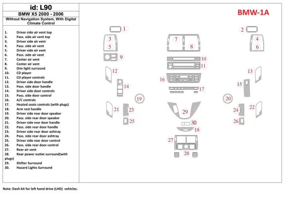 BMW X5 2000-2006 Sans système NAVI, Boîte de vitesses automatique AC Control Interior BD Dash Trim Kit - 1 BMW X5 2000-2006 Sans système NAVI, Boîte de vitesses automatique AC Control Interior BD Dash Trim Kit - 1