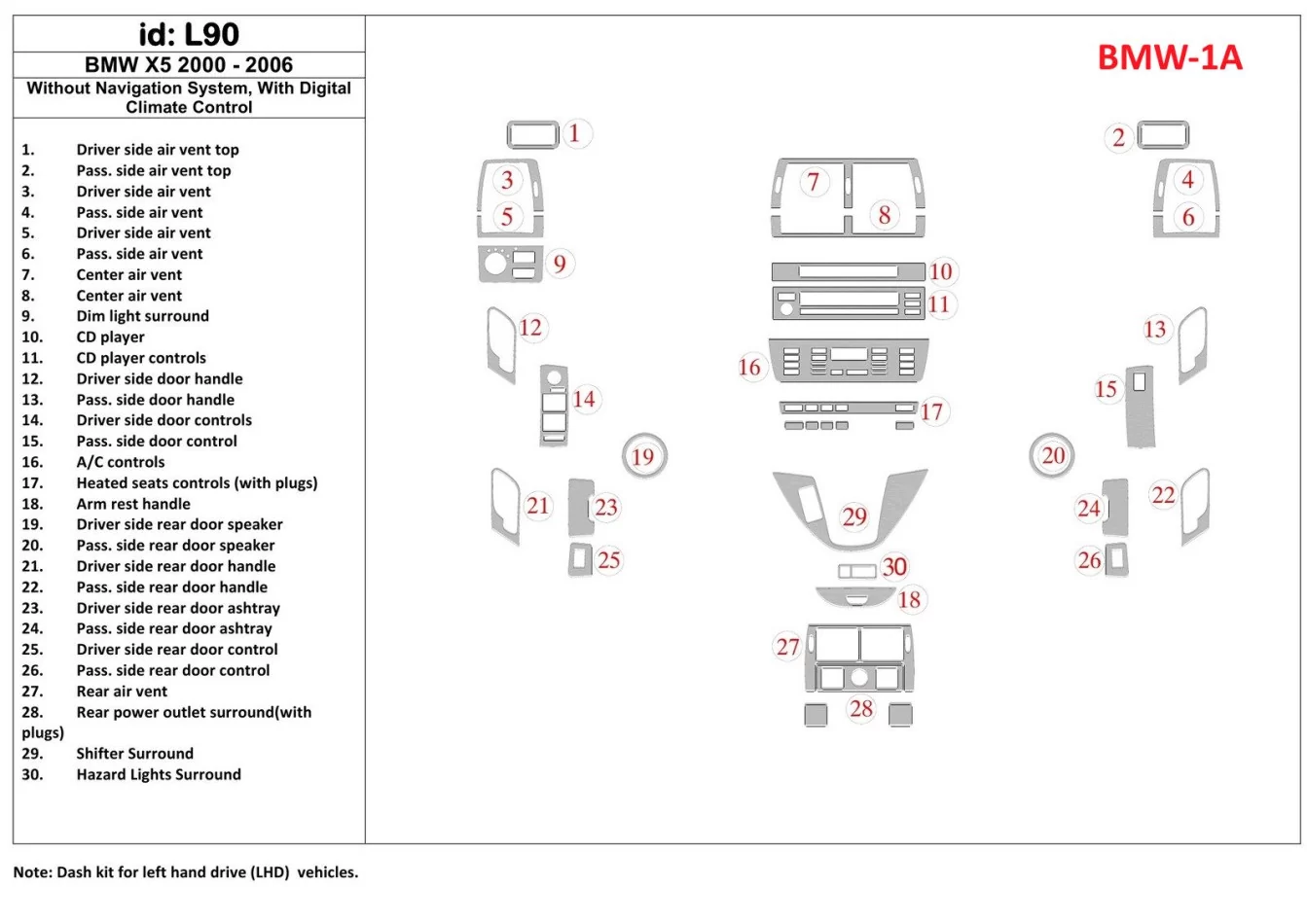 BMW X5 2000-2006 Sans système NAVI, Boîte de vitesses automatique AC Control Interior BD Dash Trim Kit - 1