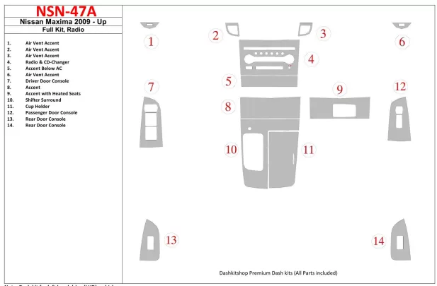Nissan Maxima 2009-UP Ensemble complet, kit de garniture de tableau de bord intérieur radio BD - 1 Nissan Maxima 2009-UP Ensemble complet, kit de garniture de tableau de bord intérieur radio BD - 1