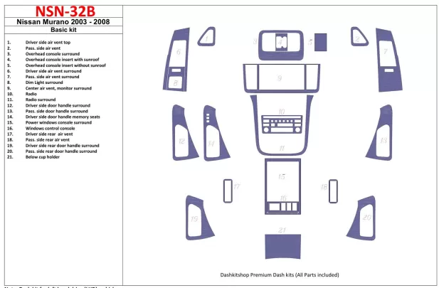 Nissan Murano 2003-2008 Kit de garniture de tableau de bord intérieur BD de base - 1