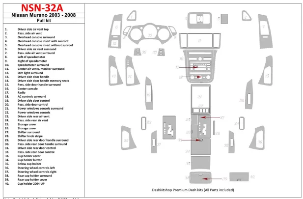 Nissan Murano 2003-2008 Ensemble complet de garnitures de tableau de bord intérieur BD - 1
