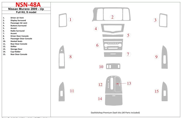 Nissan Murano 2009-UP Ensemble complet, kit de garniture de tableau de bord BD intérieur modèle S - 1