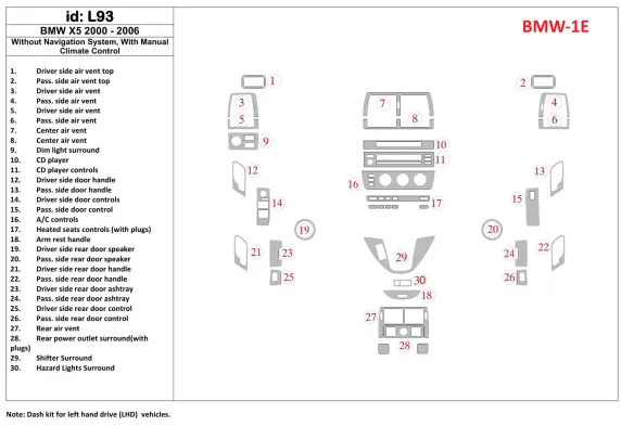 BMW X5 2000-2006 Zonder NAVI-systeem, Handgeschakelde versnellingsbak Aircobediening Interieur BD Dash Trim Kit - 1 BMW X5 2000-2006 Zonder NAVI-systeem, Handgeschakelde versnellingsbak Aircobediening Interieur BD Dash Trim Kit - 1