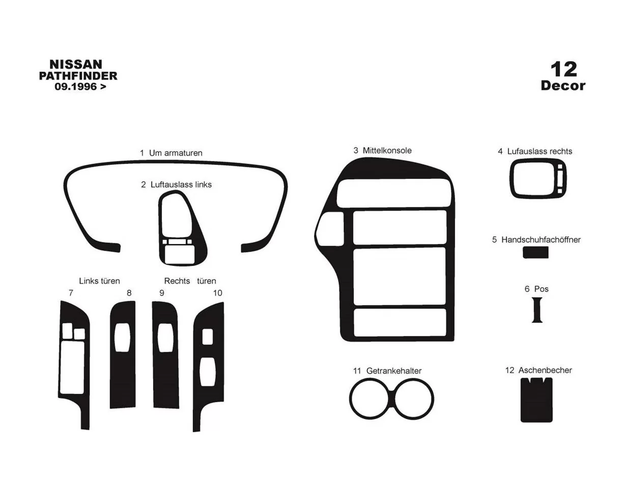 Nissan Pathfinder 09.96-12.01 Kit de garniture de tableau de bord intérieur 3D Dash Trim Dekor 12 pièces - 1