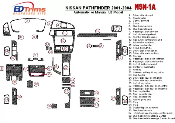 Nissan Pathfinder 2001-2004 LE Modèle Intérieur BD Dash Trim Kit - 1 Nissan Pathfinder 2001-2004 LE Modèle Intérieur BD Dash Trim Kit - 1