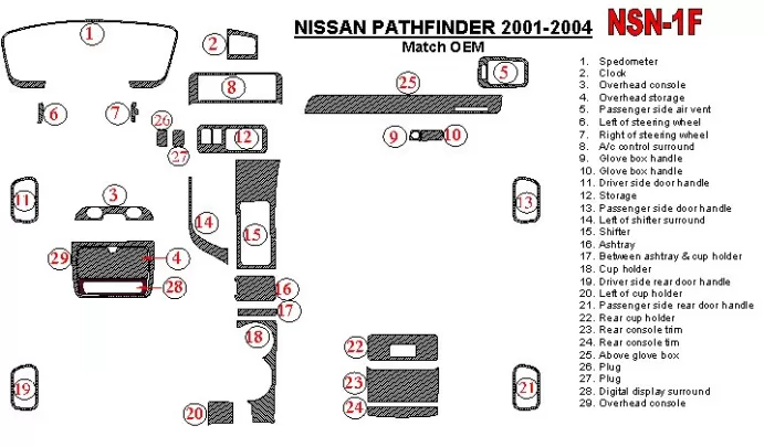 Nissan Pathfinder 2001-2004 OEM Compliance Interior BD Dash Trim Kit - 1 - Interior Dash Trim Kit Nissan Pathfinder 2001-2004 OEM Compliance Interior BD Dash Trim Kit - 1 - Interior Dash Trim Kit