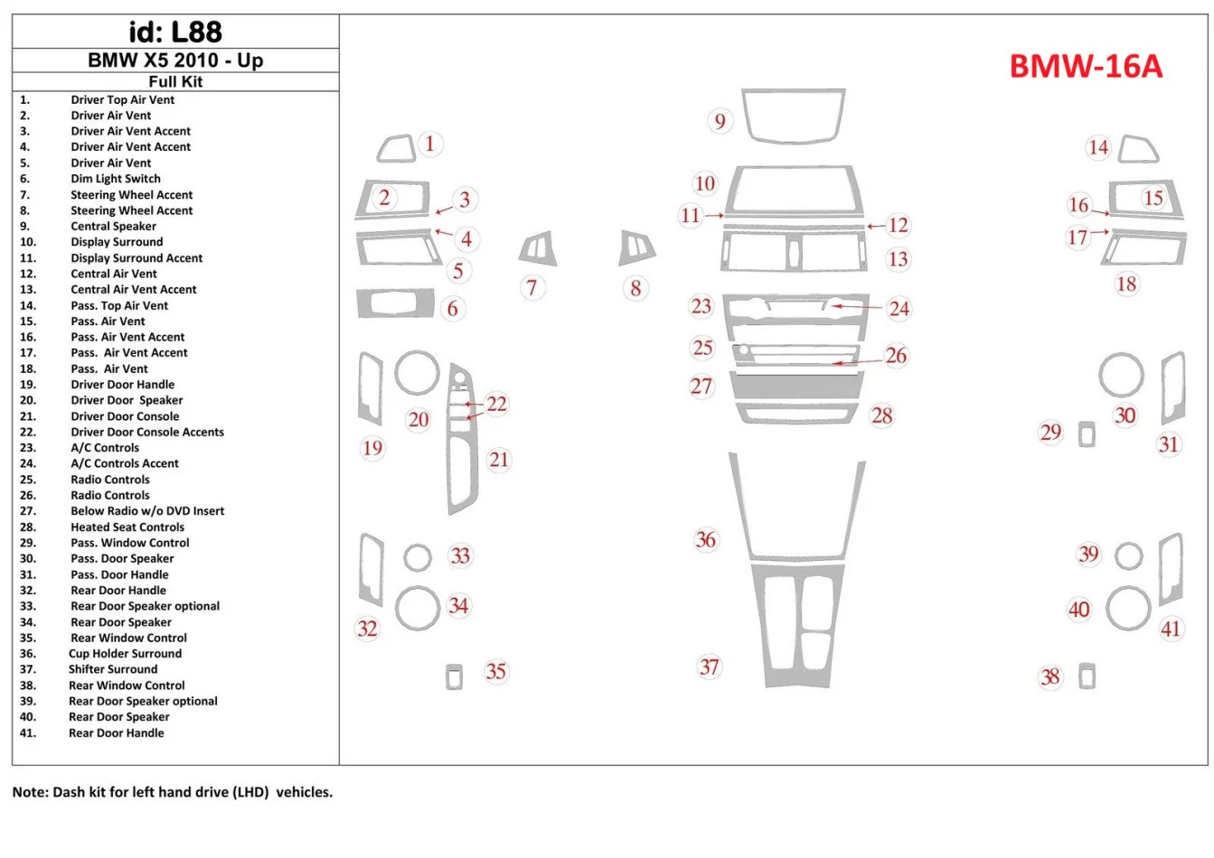BMW X5 2010-UP Kit complet de garnitures de tableau de bord intérieur BD - 1