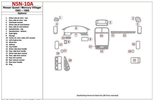 Nissan Quest 1993-1995 Full Set, 21 Parts set Interior BD Dash Trim Kit - 1 - Interior Dash Trim Kit Nissan Quest 1993-1995 Full Set, 21 Parts set Interior BD Dash Trim Kit - 1 - Interior Dash Trim Kit