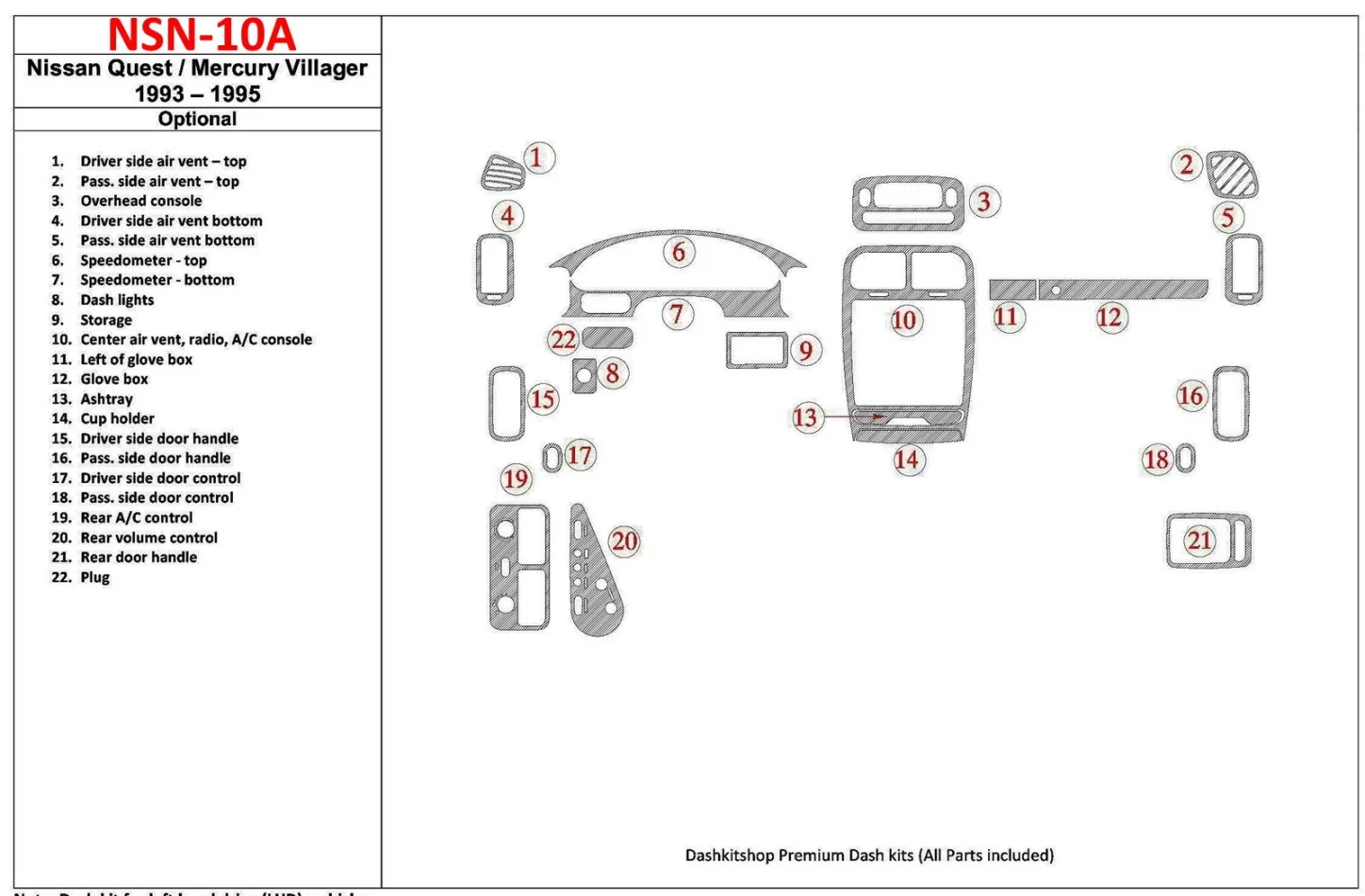 Nissan Quest 1993-1995 Full Set, 21 Parts set Interior BD Dash Trim Kit - 1 - Interior Dash Trim Kit