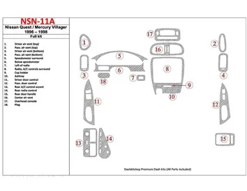 Nissan Quest 1996-1998 Ensemble complet, ensemble de 17 pièces Kit de garniture de tableau de bord intérieur BD - 1