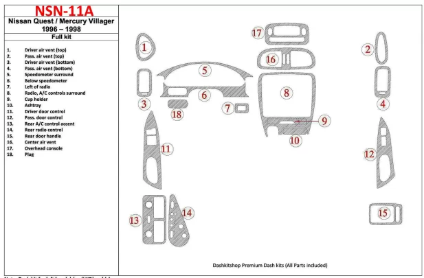 Nissan Quest 1996-1998 Full Set, 17 Parts set Interior BD Dash Trim Kit - 1 - Interior Dash Trim Kit Nissan Quest 1996-1998 Full Set, 17 Parts set Interior BD Dash Trim Kit - 1 - Interior Dash Trim Kit