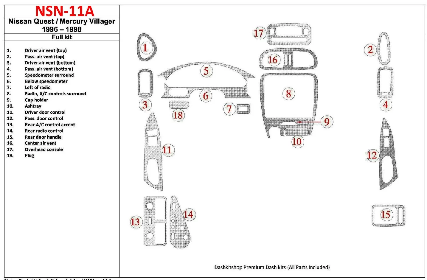 Nissan Quest 1996-1998 Ensemble complet, ensemble de 17 pièces Kit de garniture de tableau de bord intérieur BD - 1
