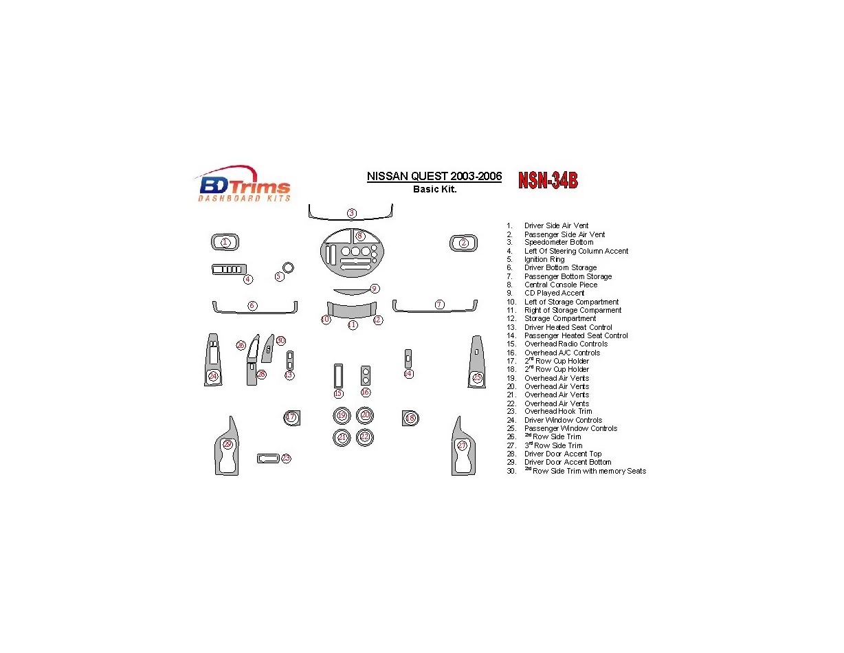 Nissan Quest 2003-2006 Basic Set Interior BD Dash Trim Kit - 1 - Interior Dash Trim Kit