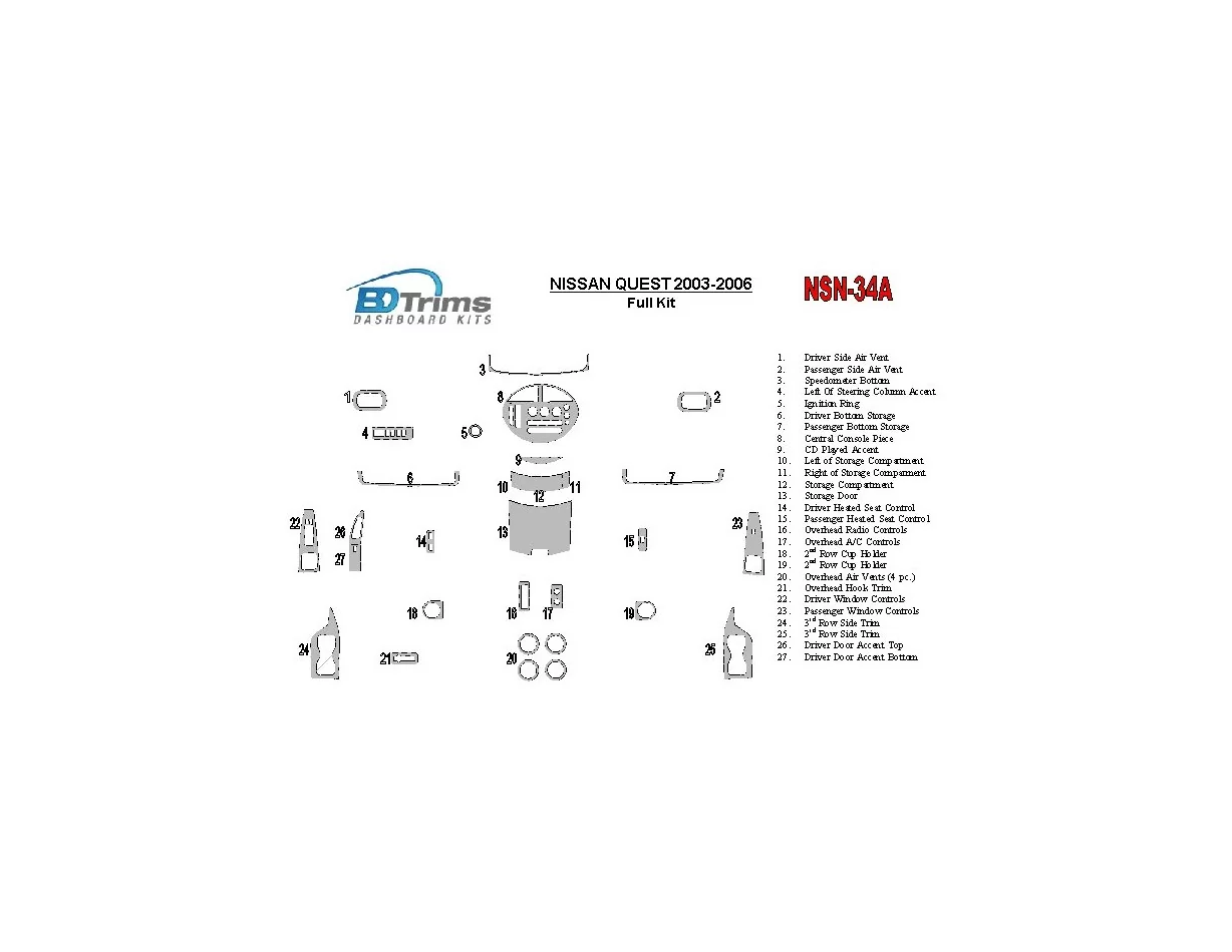 Nissan Quest 2003-2006 Ensemble complet de garnitures de tableau de bord intérieur BD - 1