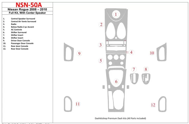 Nissan Rogue 2008-2010 Full Set, With Center Speaker Interior BD Dash Trim Kit - 1 Nissan Rogue 2008-2010 Full Set, With Center Speaker Interior BD Dash Trim Kit - 1