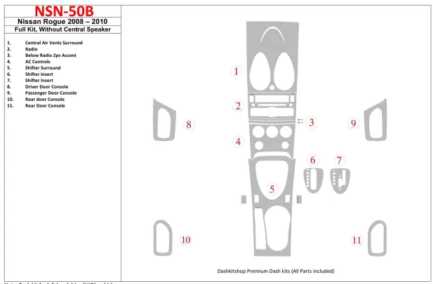 Nissan Roque 2008-2010 Ensemble complet, sans haut-parleur central Intérieur BD Dash Trim Kit - 1 Nissan Roque 2008-2010 Ensemble complet, sans haut-parleur central Intérieur BD Dash Trim Kit - 1