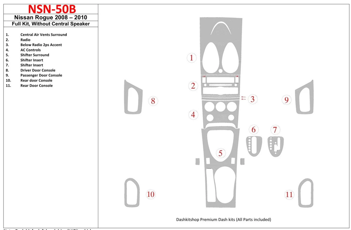 Nissan Roque 2008-2010 Ensemble complet, sans haut-parleur central Intérieur BD Dash Trim Kit - 1