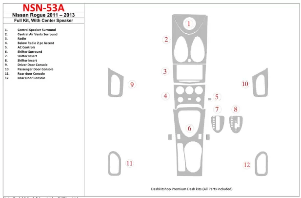 Nissan Roque 2011-UP Full Set, With Center Speaker Interior BD Dash Trim Kit - 1 Nissan Roque 2011-UP Full Set, With Center Speaker Interior BD Dash Trim Kit - 1