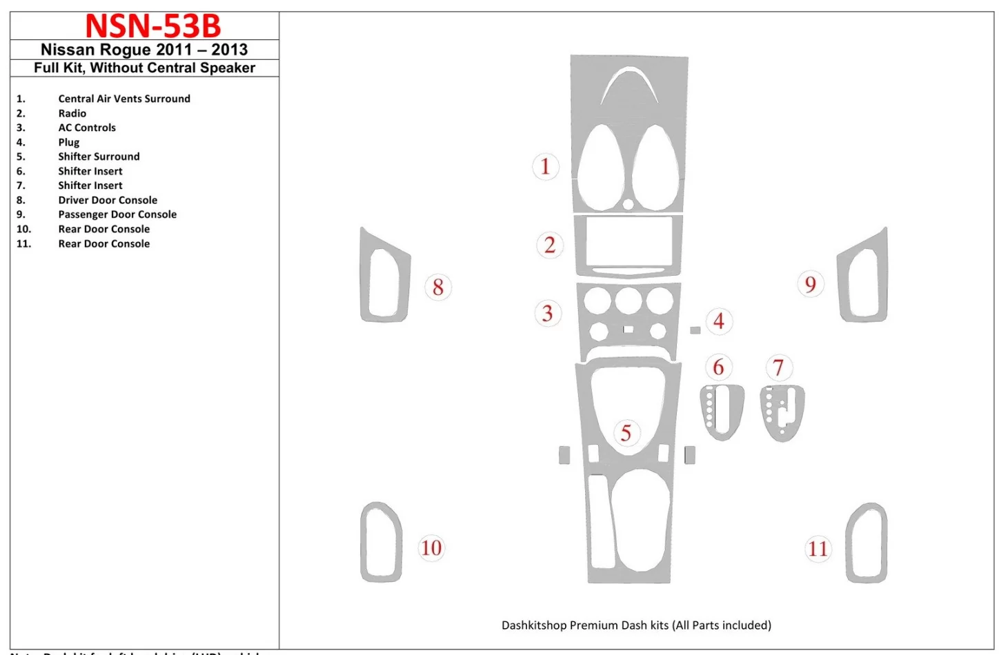 Nissan Roque 2011-UP Ensemble complet, sans haut-parleur central Intérieur BD Dash Trim Kit - 1
