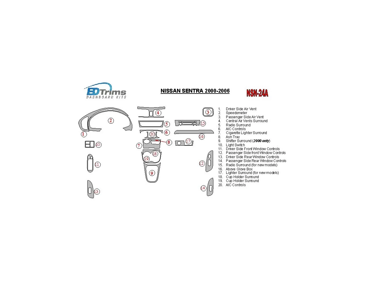 Nissan Sentra 2000-2006 Ensemble complet de garnitures de tableau de bord intérieur BD - 1