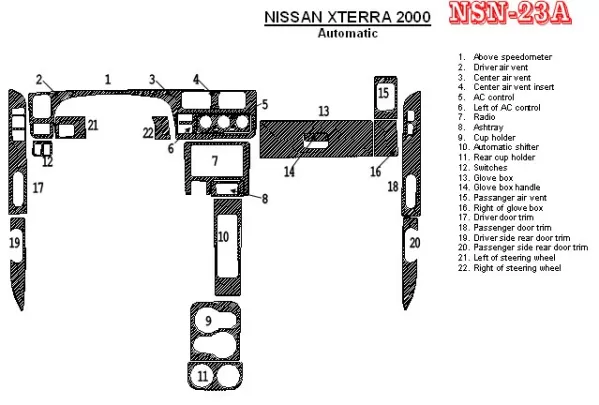Nissan Xterra 2000-2000 Automatic Gearbox 22 Parts set Interior BD Dash Trim Kit - 1 - Interior Dash Trim Kit Nissan Xterra 2000-2000 Automatic Gearbox 22 Parts set Interior BD Dash Trim Kit - 1 - Interior Dash Trim Kit