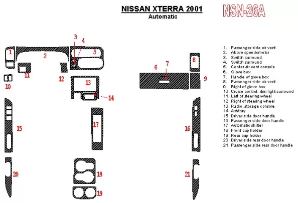 Nissan Xterra 2001-2001 Automatic Gearbox 21 Parts set Interior BD Dash Trim Kit - 1 - Interior Dash Trim Kit Nissan Xterra 2001-2001 Automatic Gearbox 21 Parts set Interior BD Dash Trim Kit - 1 - Interior Dash Trim Kit