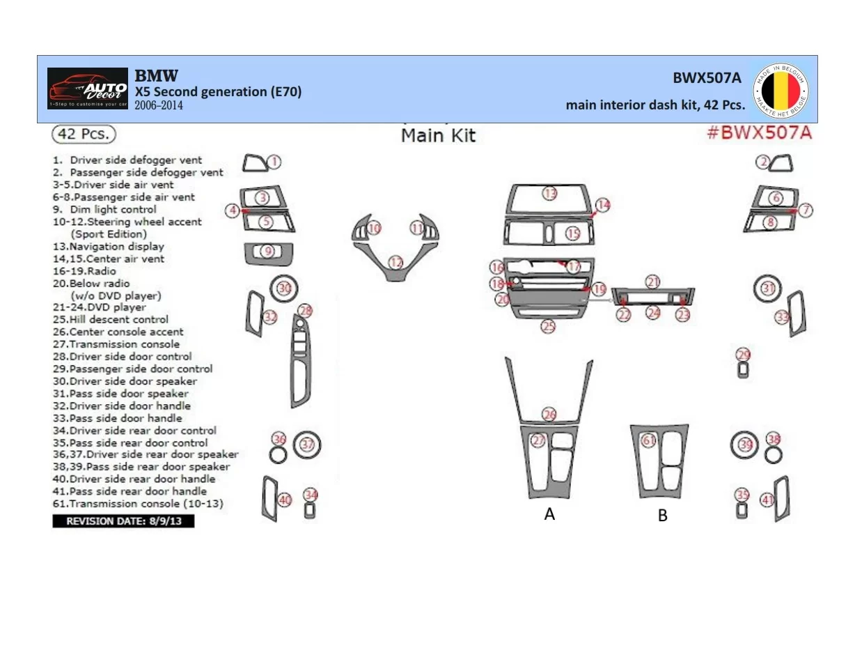 BMW X5 E70 2009-2014 Kit de garniture de tableau de bord intérieur BD 42 pièces - 1
