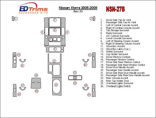 Nissan Xterra 2005-2008 Basic Set Interior BD Dash Trim Kit - 1 - Interior Dash Trim Kit Nissan Xterra 2005-2008 Basic Set Interior BD Dash Trim Kit - 1 - Interior Dash Trim Kit